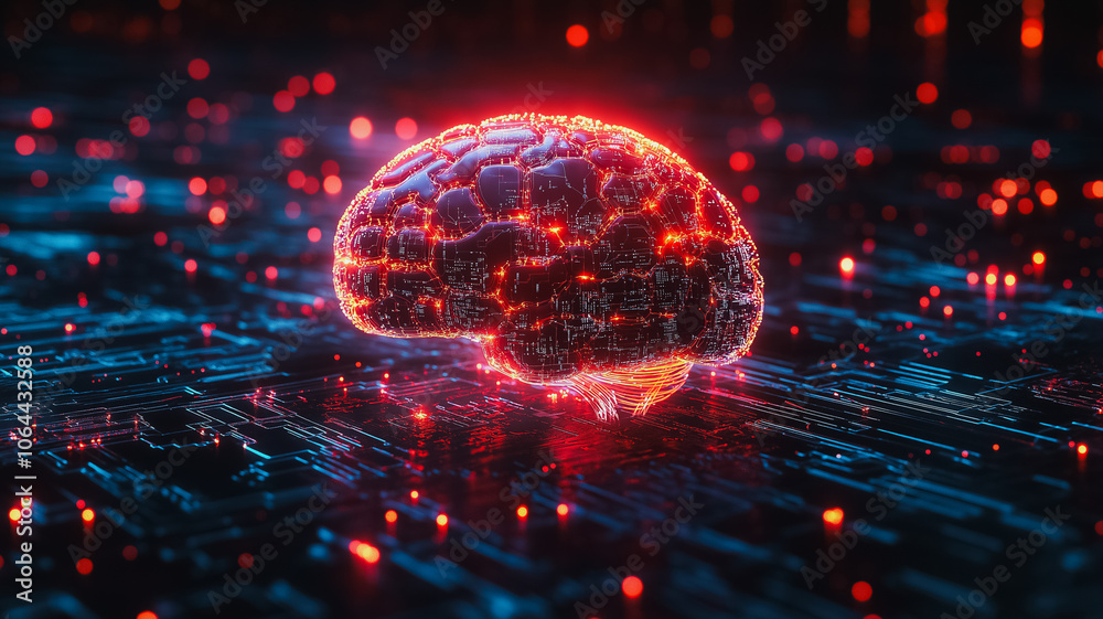 Poster a brain is shown in a computer monitor with a red glow. the brain is surrounded by a blue background