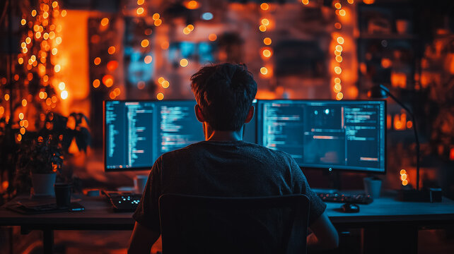 A man is sitting in front of two computer monitors, one of which is displaying a website. The other monitor is displaying a video game. The man is focused on his work