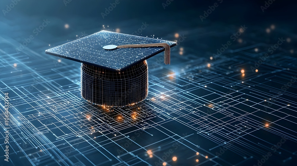Poster Glowing and abstract digital art of a graduation cap made of lines and dots floating over a dark blue network grid pattern representing the concept of education and academic knowledge in a modern