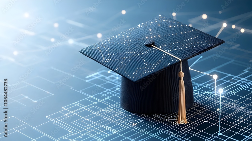 Poster Minimalist open graduation cap constructed from light lines and digital points hovering above a futuristic network grid