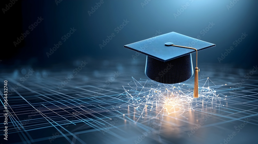 Poster Glowing digital lines and dots forming an open graduation cap icon above a network grid representing the transformative power of learning and education in a digital age on a dark blue background