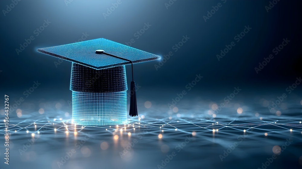 Aufkleber Glowing digital lines and dots forming an open graduation cap design hovering above a futuristic network grid