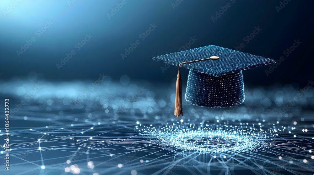 Aufkleber glowing digital lines and dots forming an open graduation cap hovering above a futuristic network gr