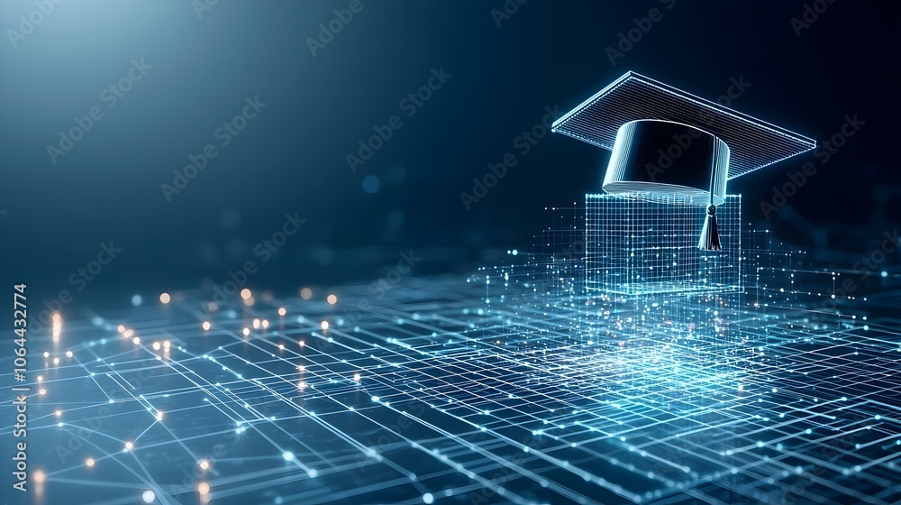 Aufkleber Glowing digital lines and dots forming an open graduation cap above a network grid representing the transformative power of learning on a dark blue background