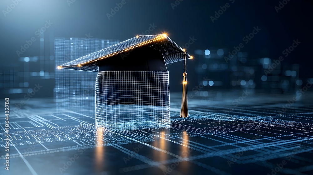 Fototapete Abstract graduation cap outlined with illuminated dots and lines suspended over a technological grid symbolizing the future shaping impact of modern education on a dark blue background