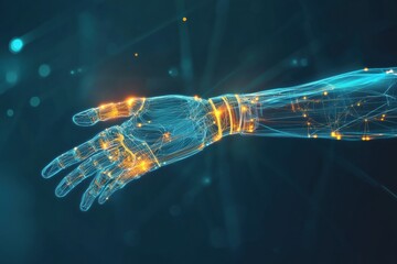 The visualization showcases a prosthetic arm responding to neural signals, highlighted by luminous lines linking the brain and prosthetic. Generative AI