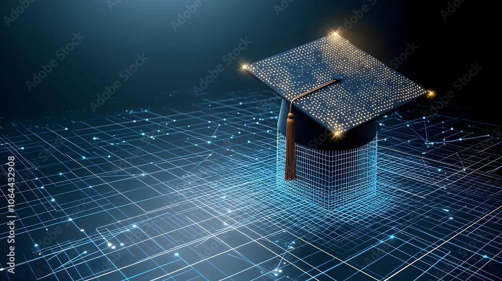Poster Digital art featuring an open graduation cap of radiant dots and lines above a networked grid symbolizing educational empowerment on a dark blue background