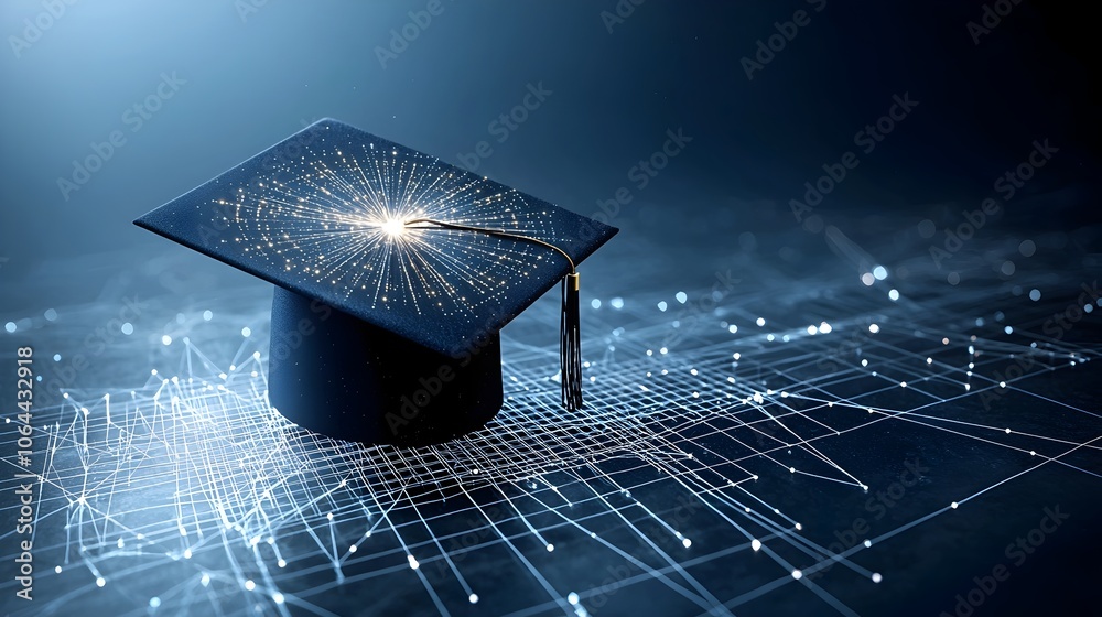 Leinwandbilder radiant digital art featuring an open graduation cap composed of shimmering dots and dynamic lines