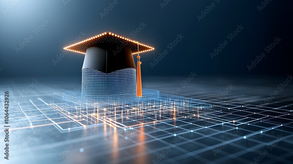 Aufkleber illuminated graduation cap outlined with glowing dots and lines suspended over a technological grid 