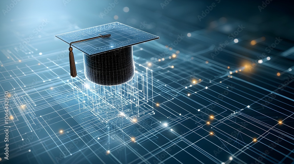 Fototapete Minimalist and abstract digital of an illuminated graduation cap floating over a geometric grid pattern on a dark blue background symbolizing the journey of education achievement