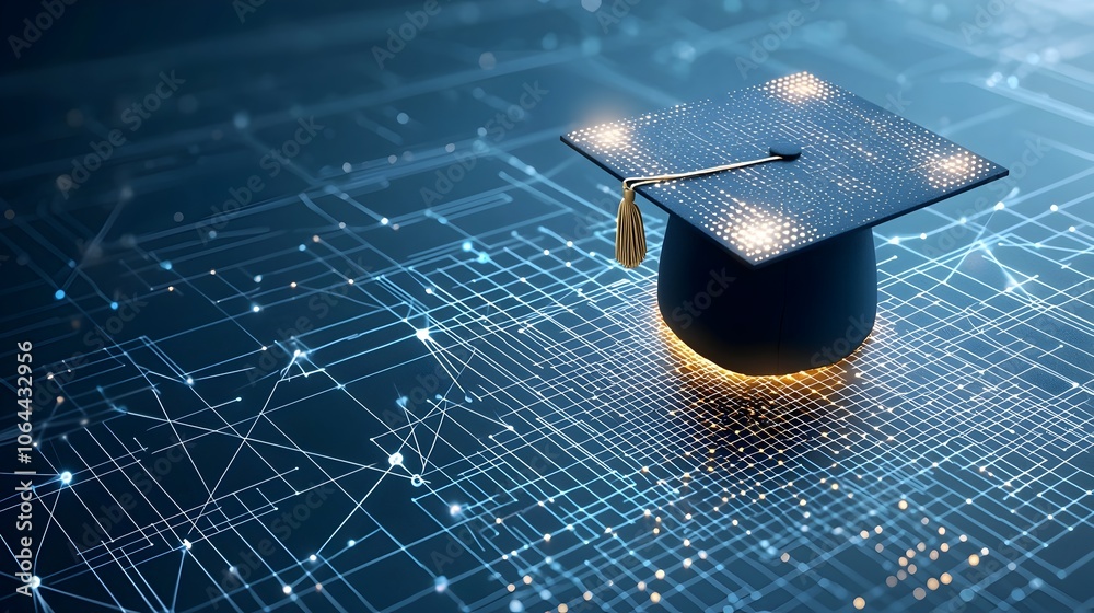 Leinwandbilder Digital art featuring an open graduation cap of radiant dots and lines above a networked grid symbolizing the power of education and innovation on a dark blue background
