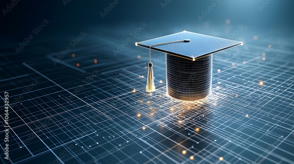 Poster Illuminated digital lines and nodes forming a graduation cap floating over a dark blue background symbolizing the conceptual journey of education knowledge and achievement