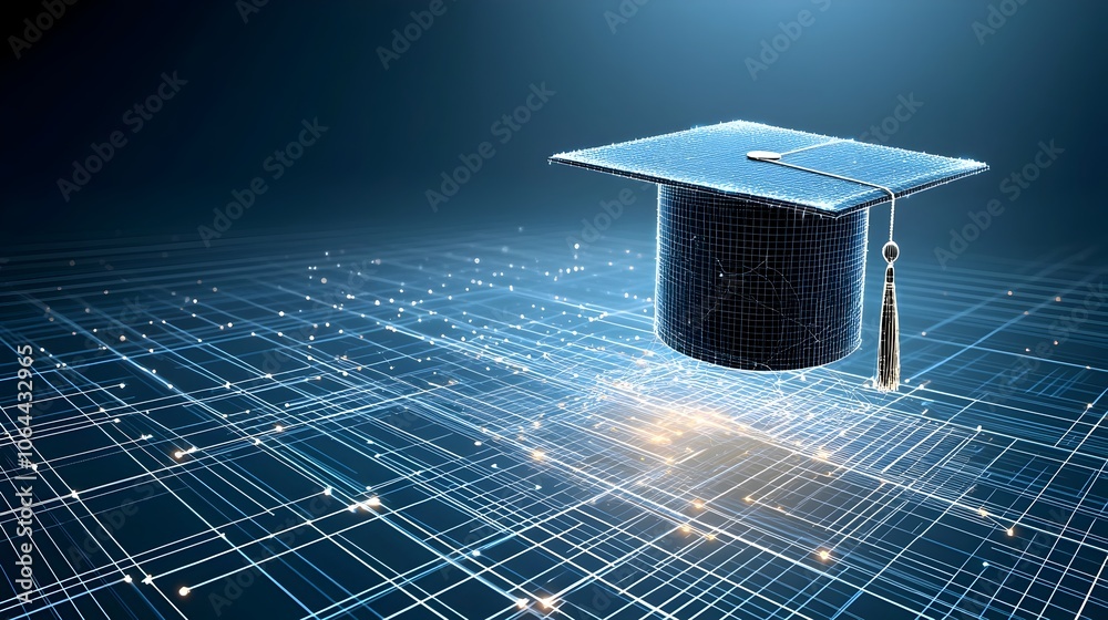 Poster Illuminated lines and nodes forming a graduation cap gently floating over a dark blue digital grid symbolizing the journey of education and the path to academic achievement and success