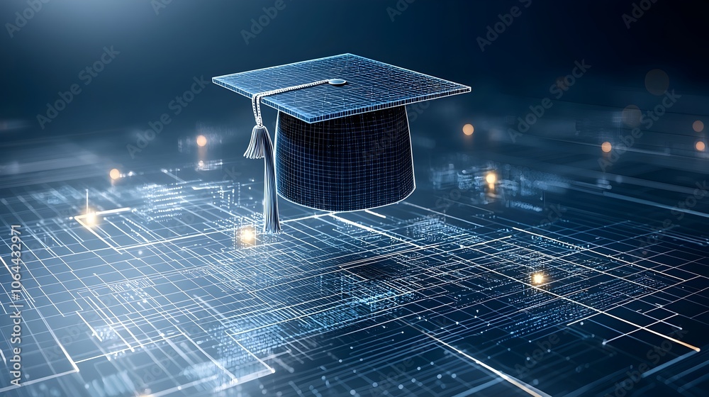 Poster Illuminated lines and nodes forming a graduation cap gently floating above a dark blue digital grid symbolizing the journey of education and academic achievement