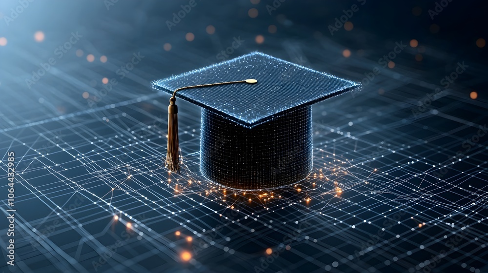 Aufkleber Glowing abstract digital graduation cap constructed from points and lines over a network grid emphasizing the future and potential through learning on a dark blue background