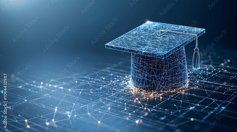 Aufkleber Glowing abstract graduation cap constructed from digital points and lines over a network grid emphasizing the future through learning on a dark blue background