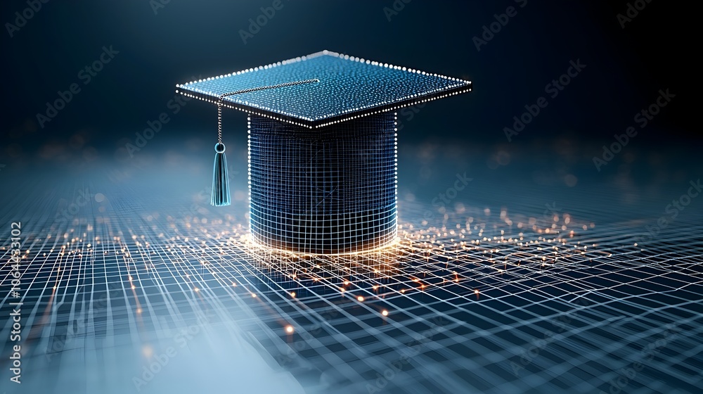 Poster Futuristic art of a graduation cap made from illuminated dots and lines above a network grid signifying knowledge and empowerment on a dark blue background