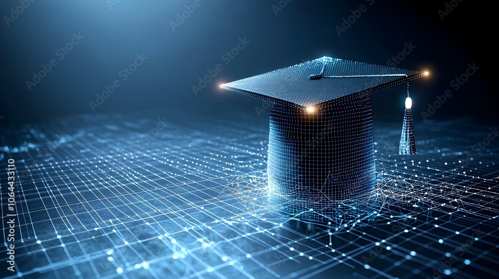 Aufkleber Illuminated graduation cap consisting of glowing dots and lines arranged in a futuristic network grid pattern symbolizing knowledge empowerment and innovation on a dark blue background