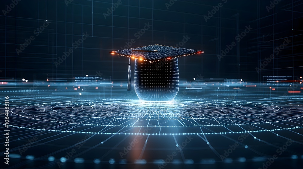 Poster Futuristic digital art of a graduation cap made from illuminated dots and lines hovering above a network grid symbolizing knowledge empowerment and technological innovation on a dark blue background