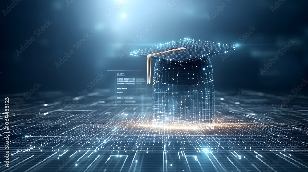 Aufkleber Futuristic digital art depicting a graduation cap made from illuminated dots and lines hovering above a network grid backdrop symbolizing knowledge empowerment and technology