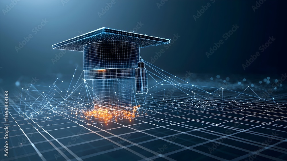 Aufkleber Digital artwork featuring a glowing graduation cap composed of dots and lines floating above a connected grid backdrop