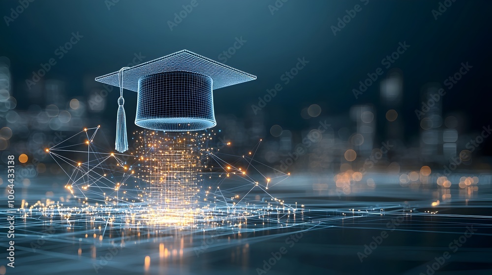 Poster Digital art depicting a glowing graduation cap made of dots and lines floating above a connected grid on a dark blue background symbolizing the future of education knowledge
