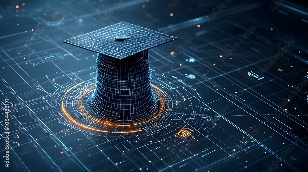 Aufkleber radiant abstract open graduation cap composed of lines and dots over a grid symbolizing the vast edu