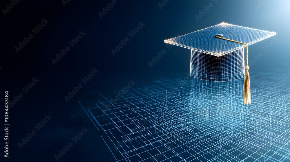 Poster Abstract of a luminous graduation cap made from glowing points and lines hovering above a grid network showcasing the impact of education on a dark blue background