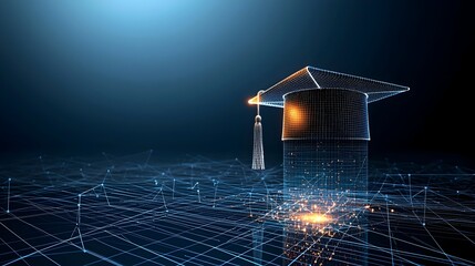 Digital art depiction of a glowing graduation cap composed of dots and lines floating above a connected grid symbolizing the future of education and the transformative potential of technology