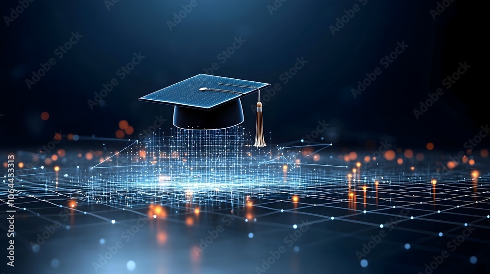 Fototapete luminous graduation cap created from glowing dots and lines suspended above a network grid symbolizi