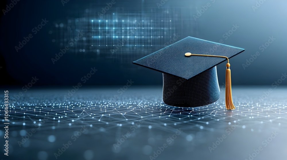 Aufkleber Digitally rendered image of an open graduation cap created from luminous dots and lines suspended above a network grid symbolizing the power of knowledge on a dark blue background