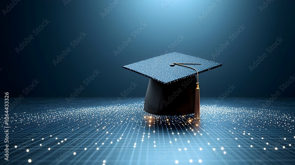 Poster Luminous graduation cap created from glowing dots and lines suspended above a network grid symbolizing the power and potential of academic knowledge and learning on a dark blue background