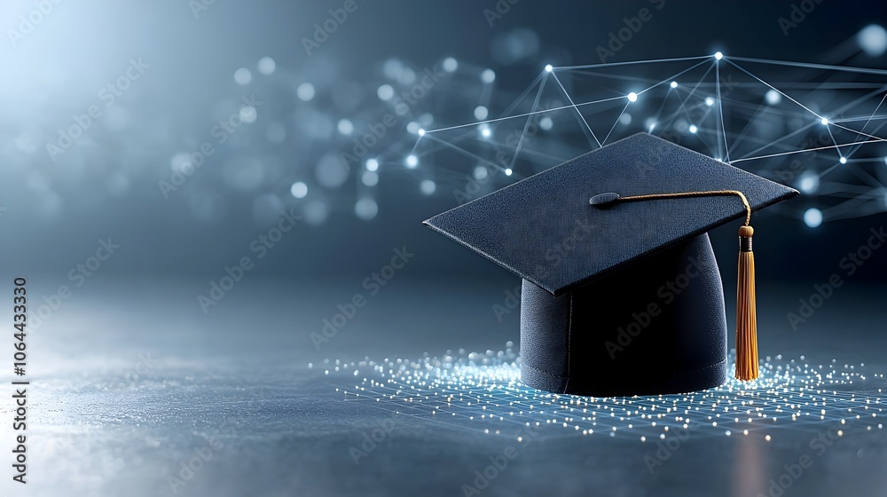 Leinwandbilder Luminous graduation cap created from glowing dots and lines suspended above a network grid that symbolizes the power of knowledge and education on a dark blue background