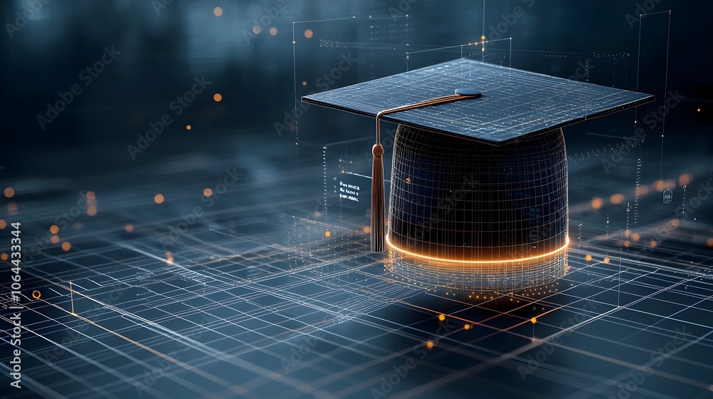 Aufkleber glowing digital abstract art of a graduation cap with radiant lines and dots floating above a grid s