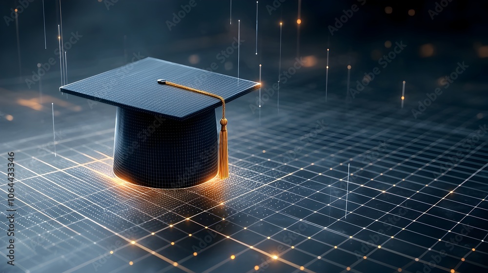 Poster Captivating digital abstract artwork showcasing a glowing graduation cap with radiant lines and floating dots above a grid