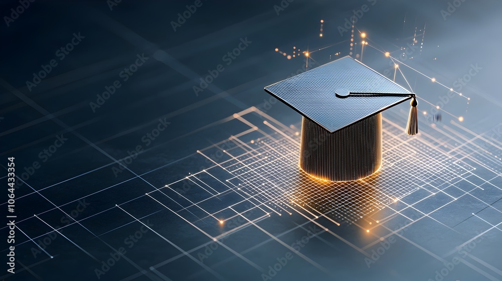 Aufkleber glowing graduation cap with radiant lines and dots floating above a grid showcasing educational empo