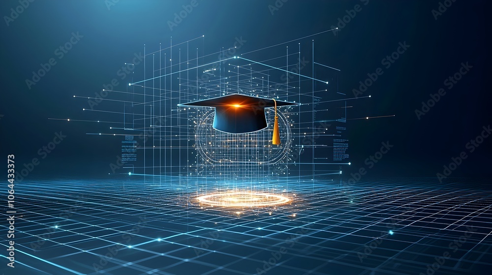 Fototapete Digital abstract art depicting a glowing graduation cap with radiant lines and dots floating above a grid symbolizing the empowerment and enlightenment of education on a dark blue background
