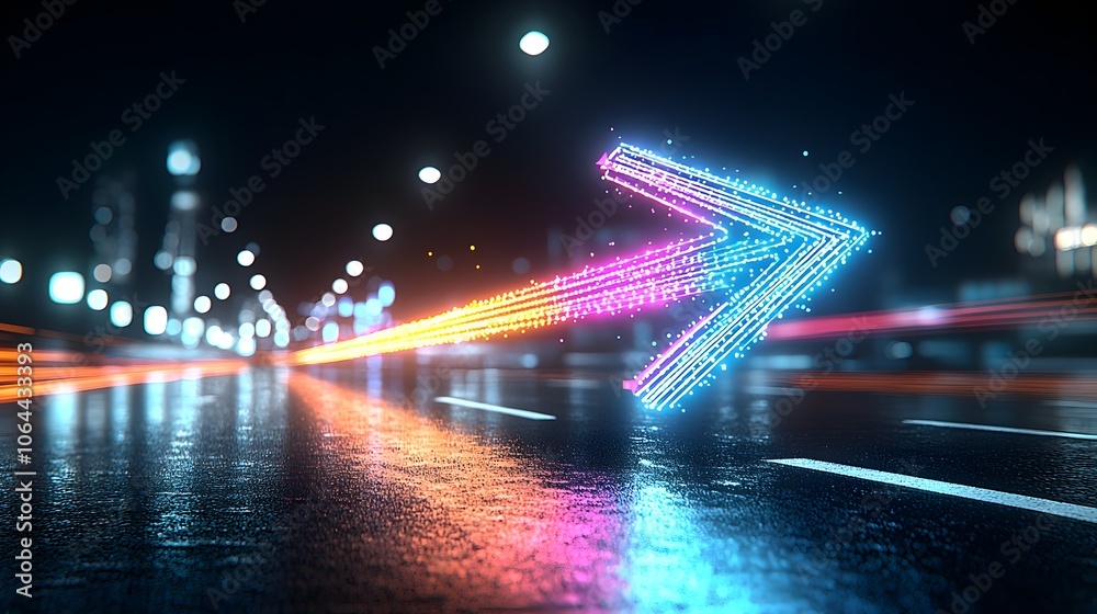 Aufkleber Vibrant Glowing Arrow Made of Luminous Light Beams Pointing Right Radiating Dynamic Motion and Speed on a Dark Minimal Background
