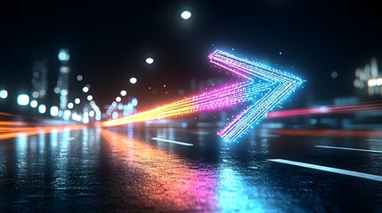 Vibrant Glowing Arrow Made of Luminous Light Beams Pointing Right Radiating Dynamic Motion and Speed on a Dark Minimal Background