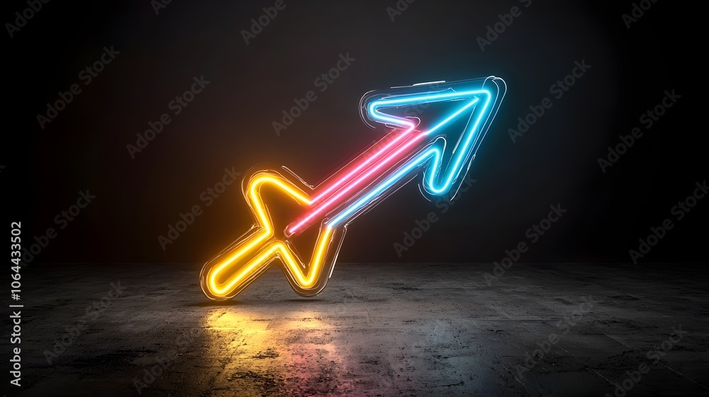 Poster Elegant beam of light arrow pointing to the right full of bright and vibrant colors with a sense of motion and energy set against a dark black background