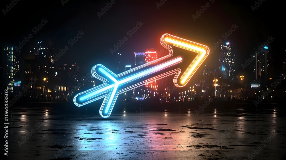 Poster Elegant and dynamic beam of light in the shape of an arrow pointing to the right and filled with a vibrant gradient of bright colors set against a dark minimalist background