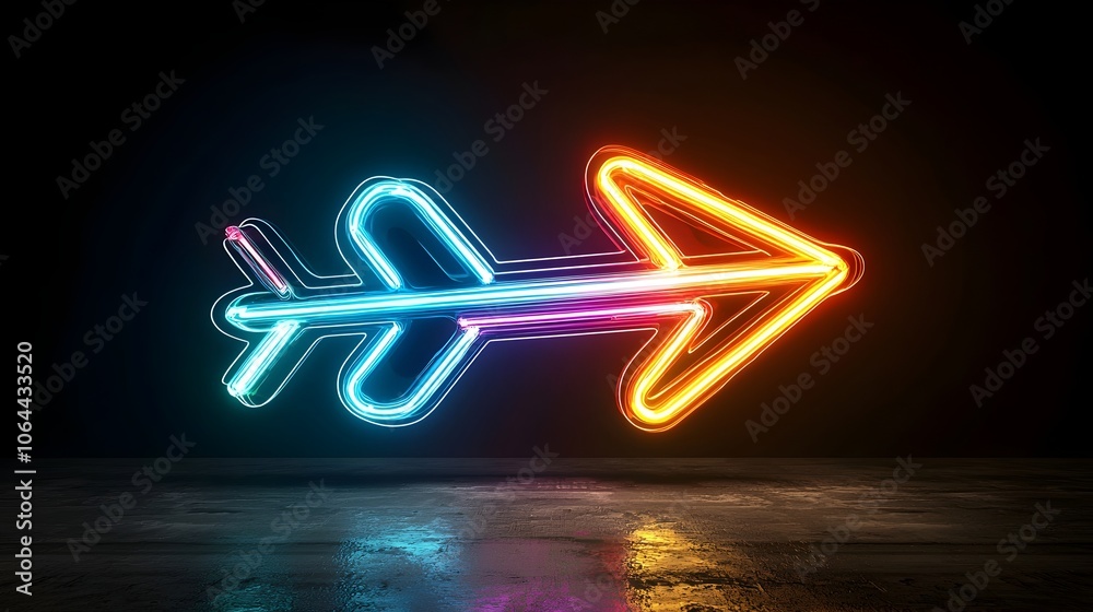 Poster Dynamic arrow made of glowing multicolored light beams pointing to the right with a sleek elegant shape set against a striking black background  This high energy