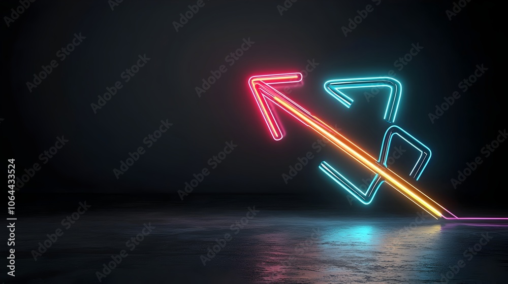 Aufkleber Sleek dynamic arrow shape created from glowing multicolored light beams pointing to the right set against a dark minimal background  This digital has a futuristic tech inspired aesthetic