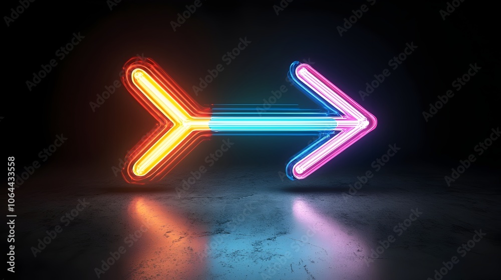 Poster Vibrant dynamic arrow made of glowing multicolored light beams pointing to the right with a sleek futuristic shape set against a captivating black background  This abstract