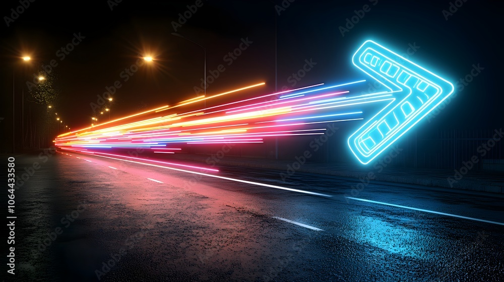Poster stunning visual of a glowing dynamic arrow shaped beam of vivid luminous light streaking across a de