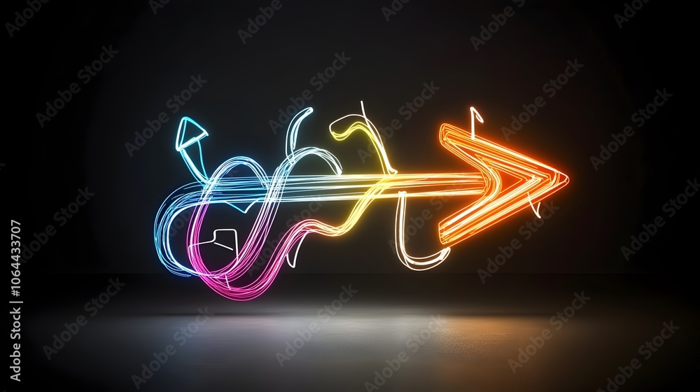 Poster Striking image of a radiant and flowing arrow shape composed of dynamic colorful light beams pointing right against a dark background  The abstract composition creates a sense of energy