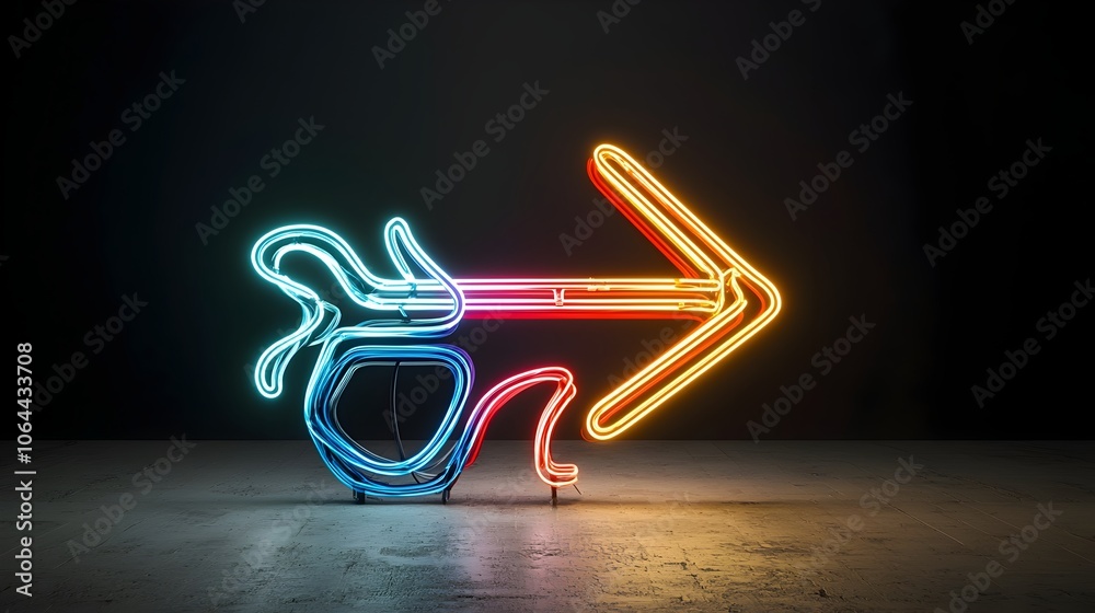 Poster Radiant and dynamic arrow shaped composition formed by colorful beams of light with a flowing luminous design on a dark background  Representing direction energy and digital or technological elements