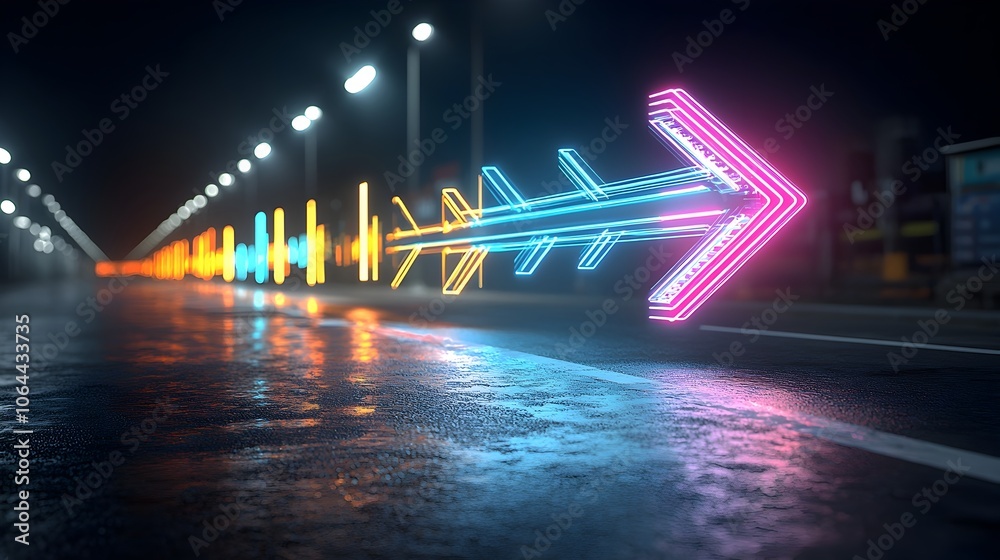 Leinwandbilder Striking image of bright colorful light beams arranged in the shape of a dynamic sleek arrow pointing to the right against a dark minimalist background  This digital conveys a sense of energy
