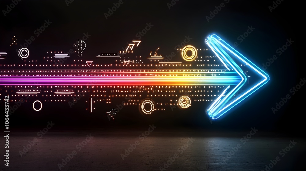 Aufkleber Glowing multicolored beams of light elegantly pointing to the right showcasing a sense of dynamic motion speed and energy on a captivating black background
