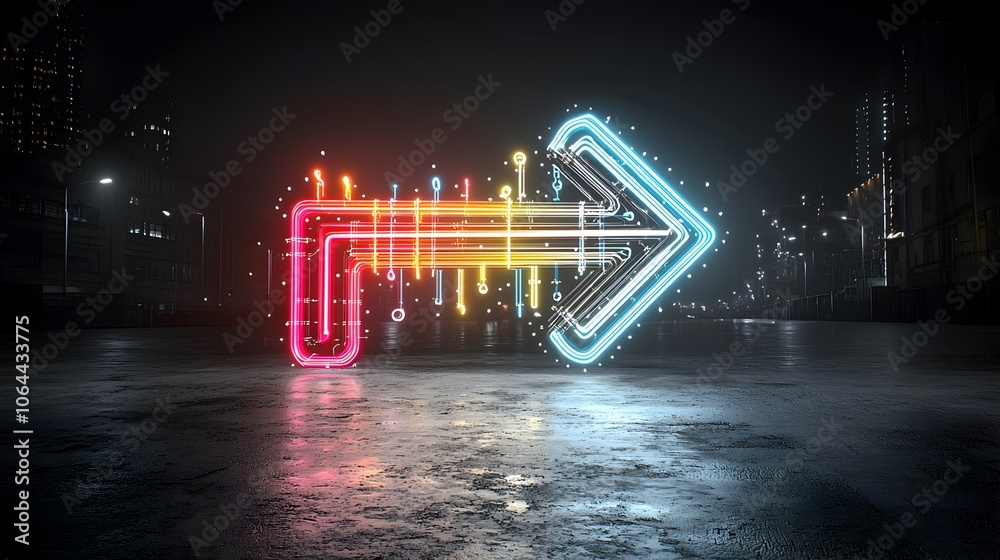 Aufkleber Elegant multicolored beams arrow dynamically pointing to the right showcasing a sense of movement speed and futuristic technology on a black background